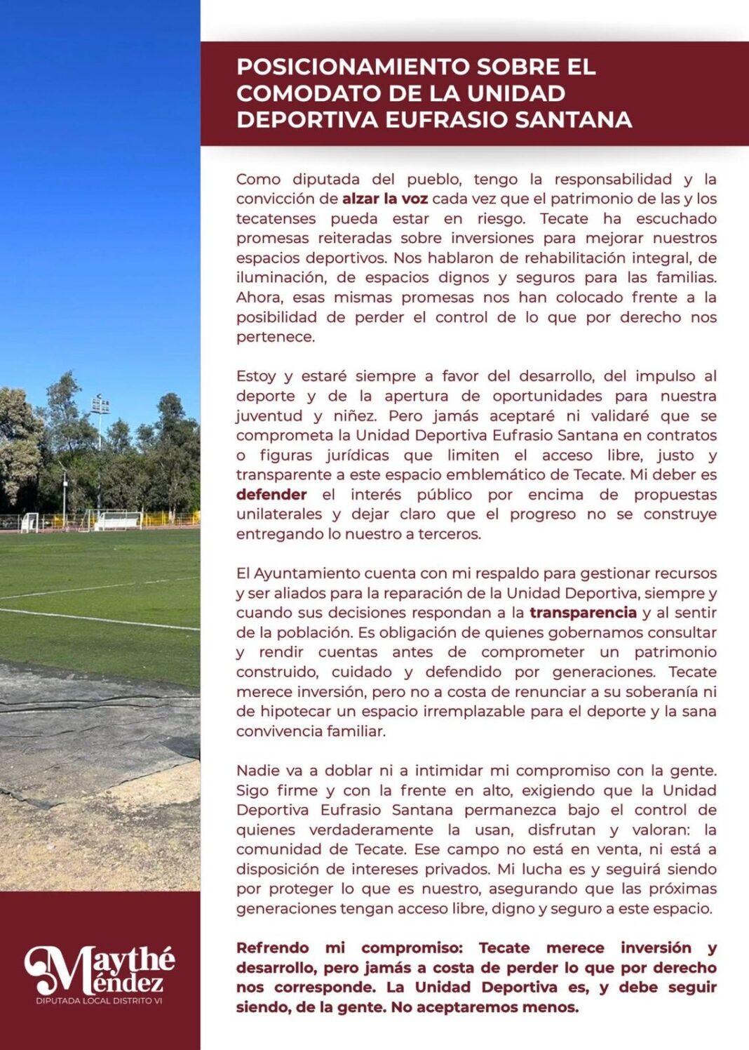 Diputada Maythé Méndez Vélez fija postura: “La Unidad Deportiva Eufrasio Santana no está en venta”