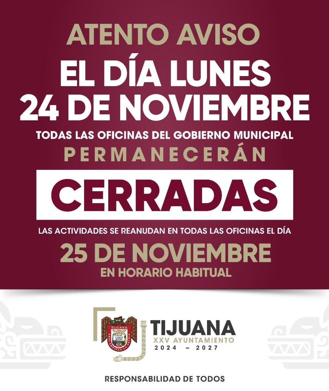 Será día inhábil lunes 24 en el Ayuntamiento de Tijuana