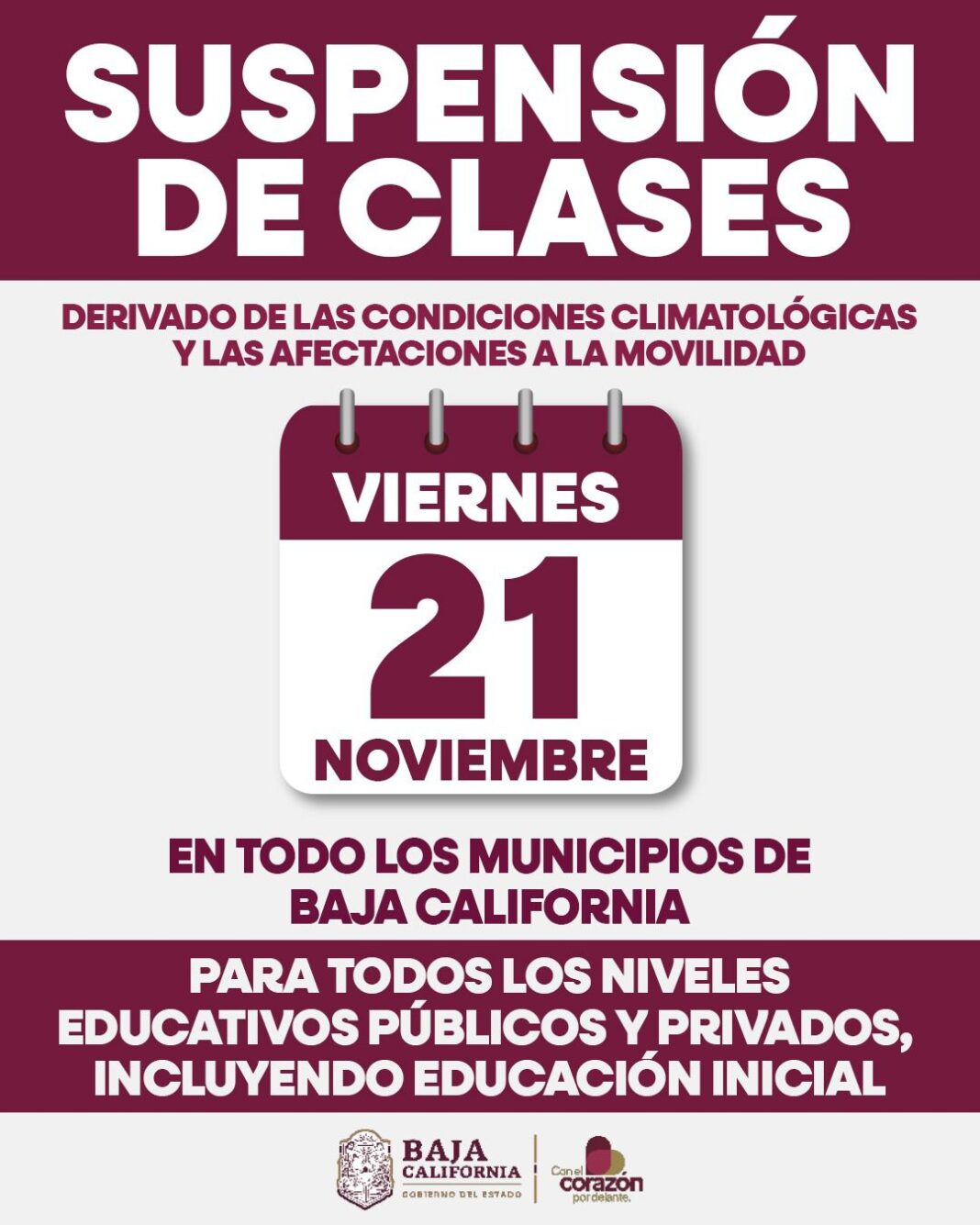 Anuncia gobernadora suspensión de clases en BC por lluvias