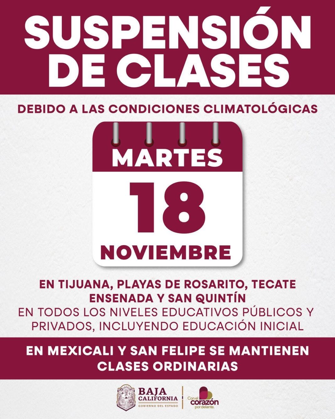 Suspenden clases este martes por mal clima en BC
