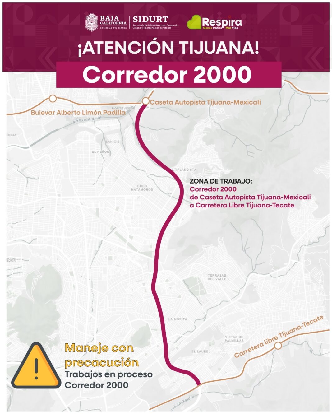 Exhorta SIDURT a manejar con precaución en zona de obras del Corredor 2000