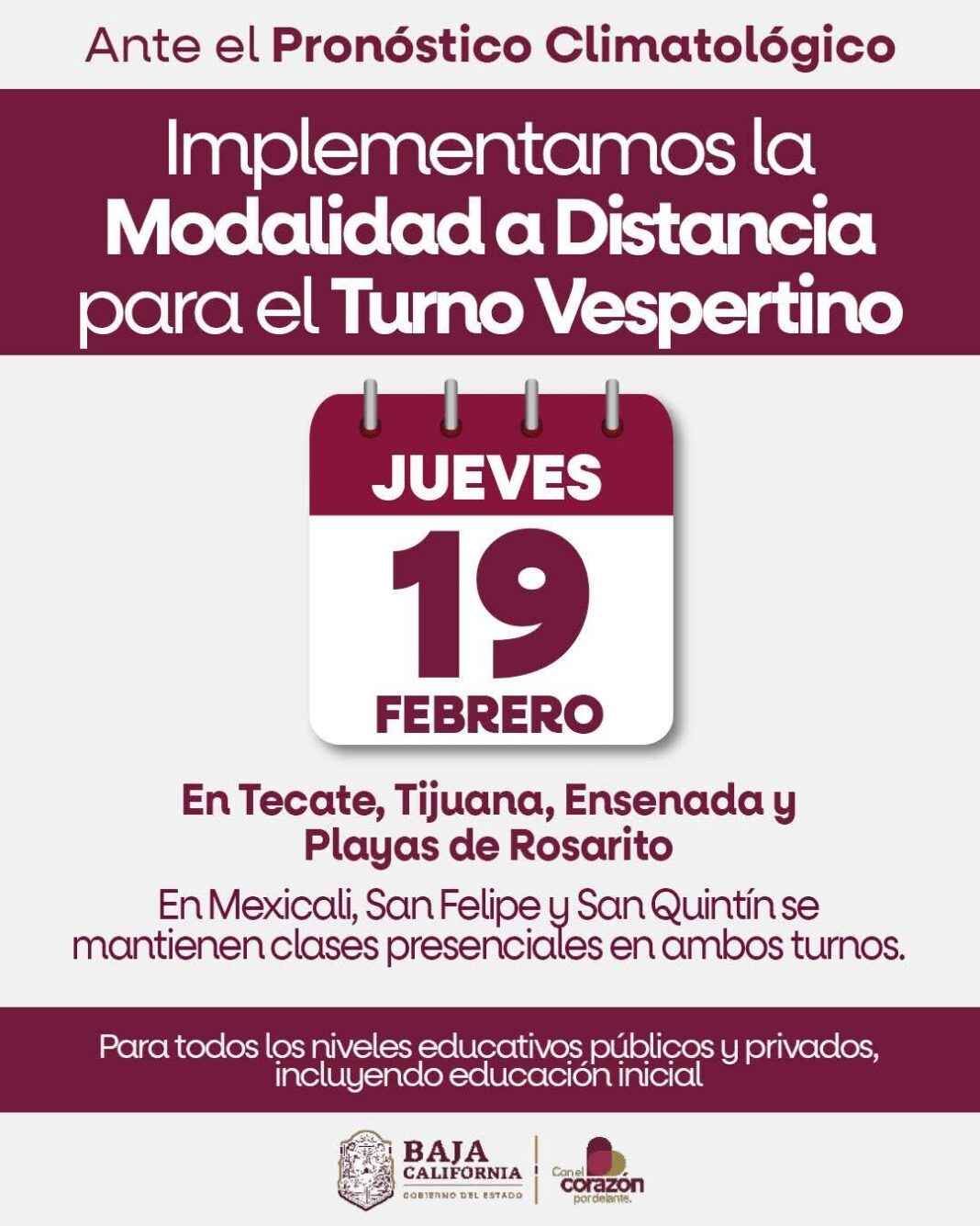 Cancelan clases presenciales para el turno vespertino este jueves por lluvias