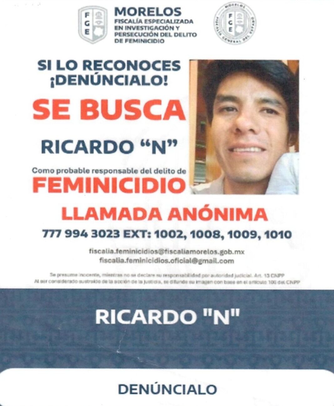 Solicitan apoyo para localizar a Ricardo “N” acusado de feminicidio
